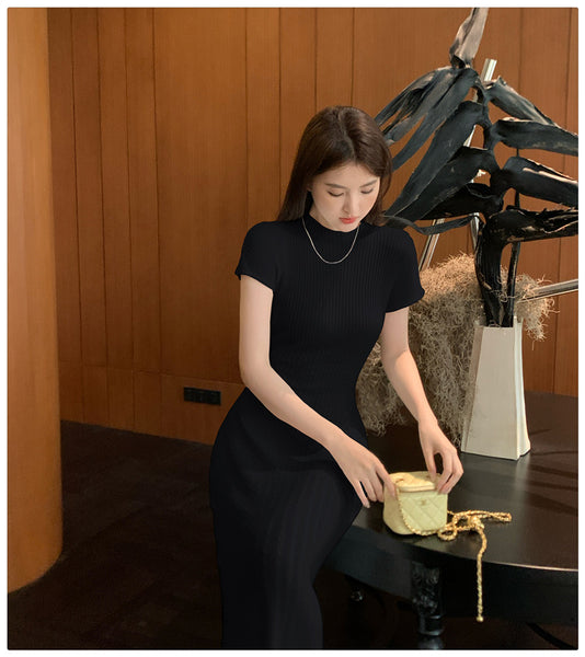 Elegant Women Pure Color Solid Eyelet Round Neck Short Sleeved Soft Sweater Slim Wrapped Hip Knitted Long Dress