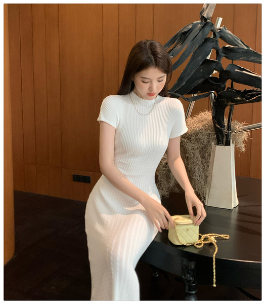 Elegant Women Pure Color Solid Eyelet Round Neck Short Sleeved Soft Sweater Slim Wrapped Hip Knitted Long Dress