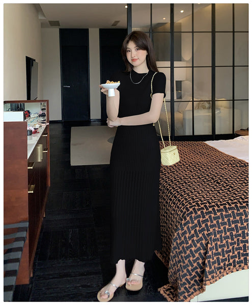 Elegant Women Pure Color Solid Eyelet Round Neck Short Sleeved Soft Sweater Slim Wrapped Hip Knitted Long Dress