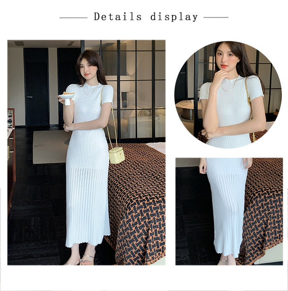 Elegant Women Pure Color Solid Eyelet Round Neck Short Sleeved Soft Sweater Slim Wrapped Hip Knitted Long Dress