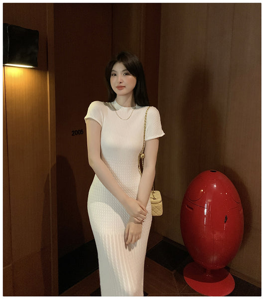 Elegant Women Pure Color Solid Eyelet Round Neck Short Sleeved Soft Sweater Slim Wrapped Hip Knitted Long Dress