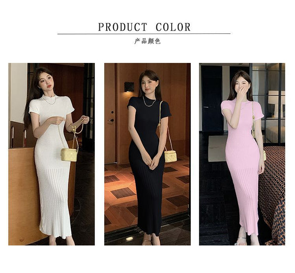 Elegant Women Pure Color Solid Eyelet Round Neck Short Sleeved Soft Sweater Slim Wrapped Hip Knitted Long Dress