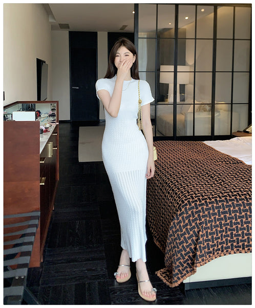 Elegant Women Pure Color Solid Eyelet Round Neck Short Sleeved Soft Sweater Slim Wrapped Hip Knitted Long Dress