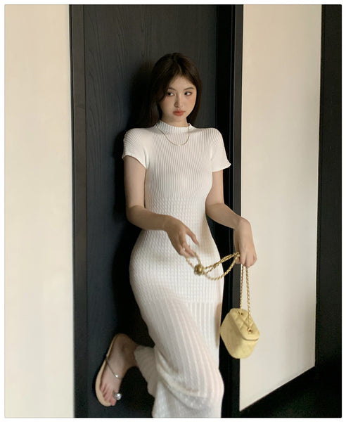 Elegant Women Pure Color Solid Eyelet Round Neck Short Sleeved Soft Sweater Slim Wrapped Hip Knitted Long Dress