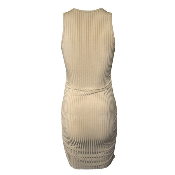 Beautiful Solid Color Body Flattering Crew Neck Sleeveless Tight Stretch Ruched Bodycon Ribbed Tank Hip Wrap Dress