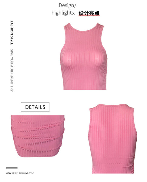 Beautiful Solid Color Body Flattering Crew Neck Sleeveless Tight Stretch Ruched Bodycon Ribbed Tank Hip Wrap Dress