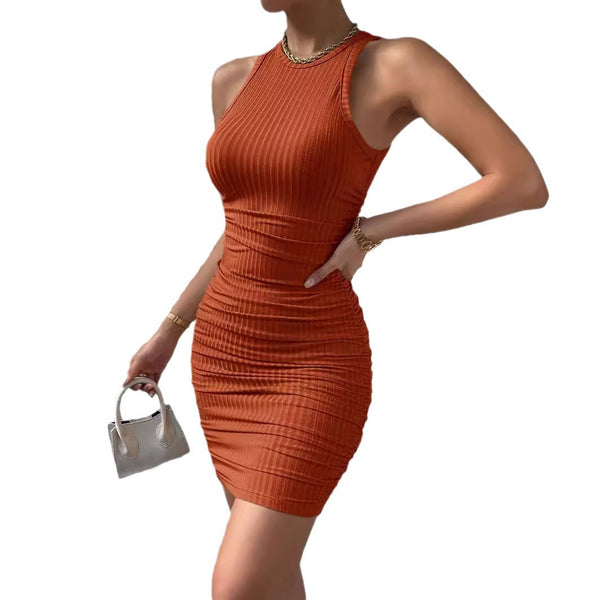 Beautiful Solid Color Body Flattering Crew Neck Sleeveless Tight Stretch Ruched Bodycon Ribbed Tank Hip Wrap Dress