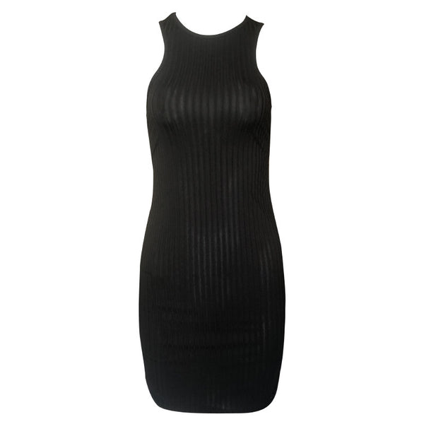 Beautiful Solid Color Body Flattering Crew Neck Sleeveless Tight Stretch Ruched Bodycon Ribbed Tank Hip Wrap Dress