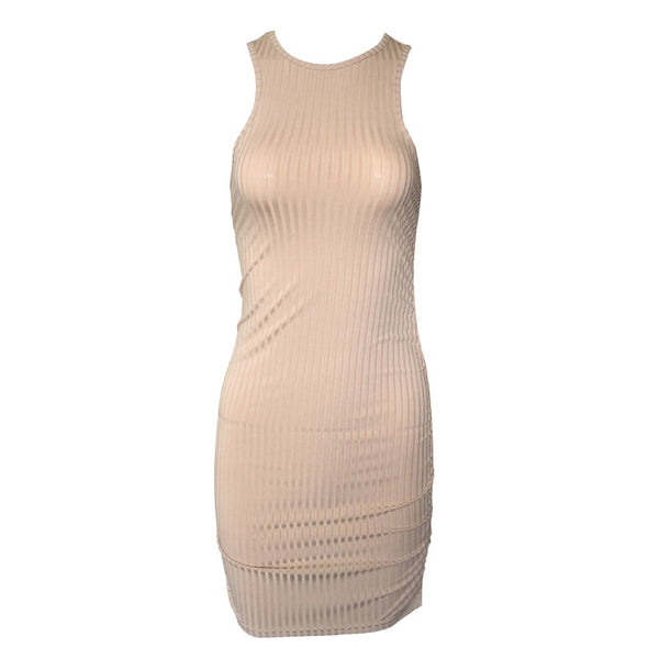Beautiful Solid Color Body Flattering Crew Neck Sleeveless Tight Stretch Ruched Bodycon Ribbed Tank Hip Wrap Dress
