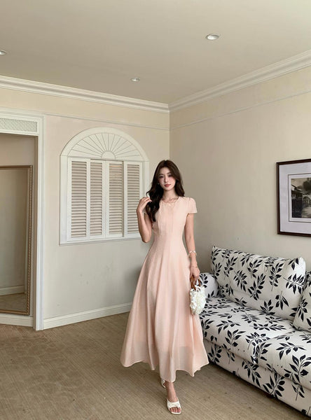 Women Elegant French Style Summer Maxi Dress with Linen Feel Crinkle Texture and Flowy Skirt