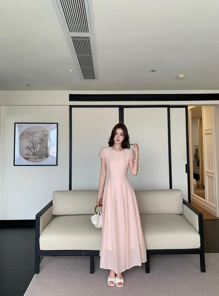 Women Elegant French Style Summer Maxi Dress with Linen Feel Crinkle Texture and Flowy Skirt