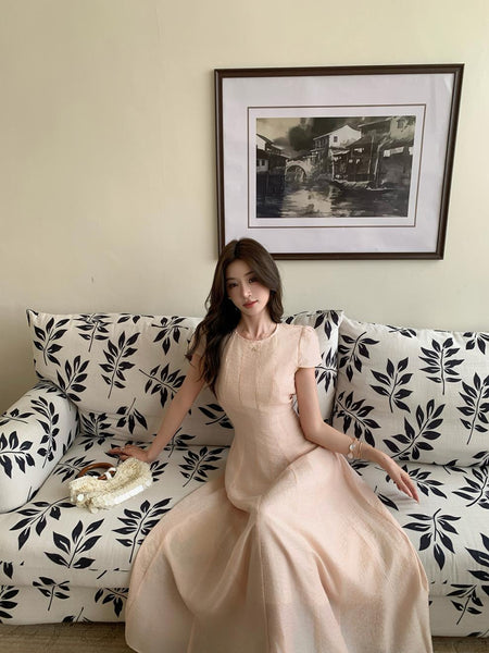 Women Elegant French Style Summer Maxi Dress with Linen Feel Crinkle Texture and Flowy Skirt