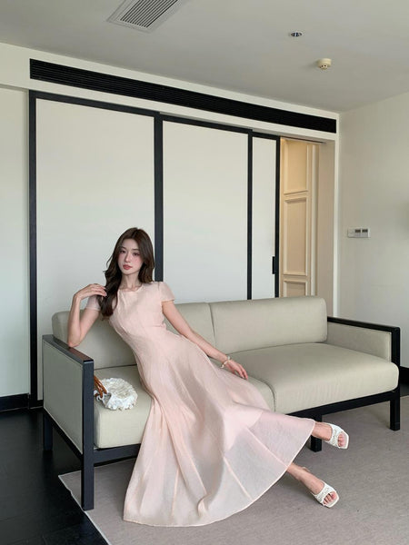 Women Elegant French Style Summer Maxi Dress with Linen Feel Crinkle Texture and Flowy Skirt