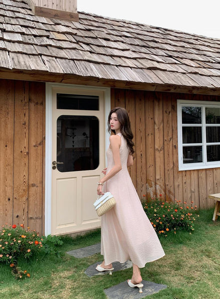 Women Elegant French Style Summer Maxi Dress with Linen Feel Crinkle Texture and Flowy Skirt