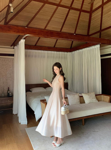 Women Elegant French Style Summer Maxi Dress with Linen Feel Crinkle Texture and Flowy Skirt