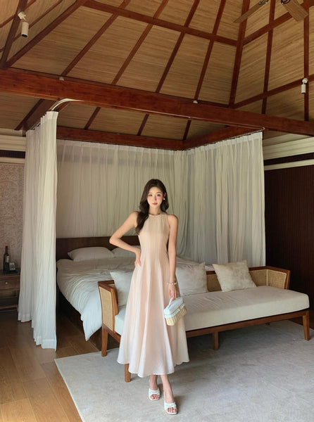 Women Elegant French Style Summer Maxi Dress with Linen Feel Crinkle Texture and Flowy Skirt