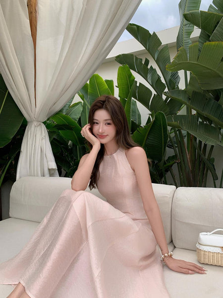 Women Elegant French Style Summer Maxi Dress with Linen Feel Crinkle Texture and Flowy Skirt