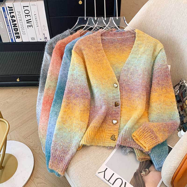 Women Rainbow Gradient Knit Cardigan Long Sleeve Round Neck Button Up Sweater