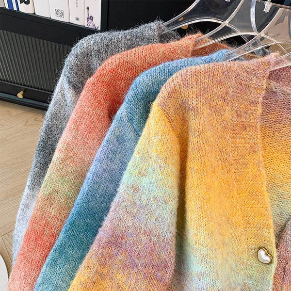 Women Rainbow Gradient Knit Cardigan Long Sleeve Round Neck Button Up Sweater