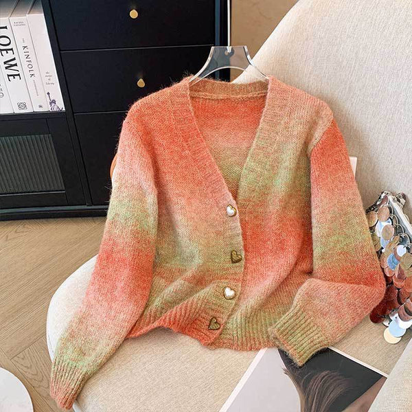 Women Rainbow Gradient Knit Cardigan Long Sleeve Round Neck Button Up Sweater