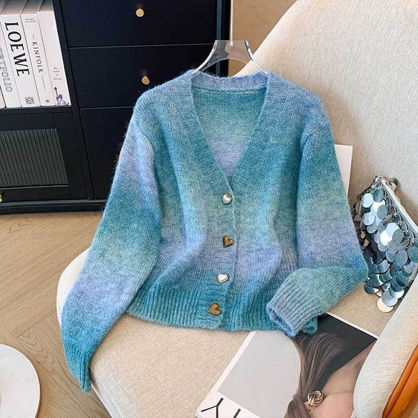 Women Rainbow Gradient Knit Cardigan Long Sleeve Round Neck Button Up Sweater