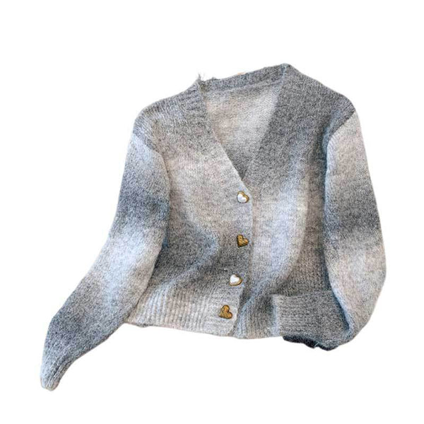 Women Rainbow Gradient Knit Cardigan Long Sleeve Round Neck Button Up Sweater