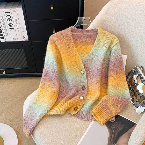 Women Rainbow Gradient Knit Cardigan Long Sleeve Round Neck Button Up Sweater