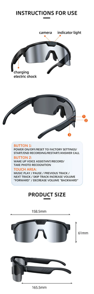AI Sports Camera Glasses with 8MP Photos 1200P Video Bluetooth Audio Phone Call Wi-Fi