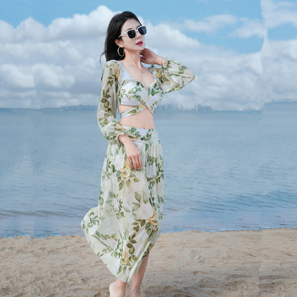 Sunny Women Lovely Big Floral Printed Cross Front Long Sleeve Side Open Leg Two in One Piece Swimsuit