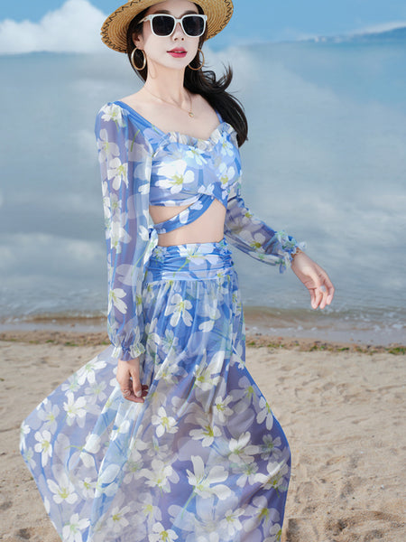 Sunny Women Lovely Big Floral Printed Cross Front Long Sleeve Side Open Leg Two in One Piece Swimsuit