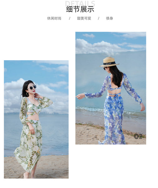 Sunny Women Lovely Big Floral Printed Cross Front Long Sleeve Side Open Leg Two in One Piece Swimsuit