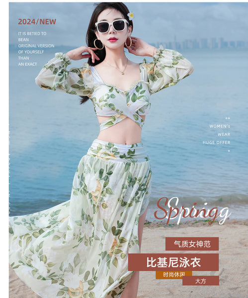 Sunny Women Lovely Big Floral Printed Cross Front Long Sleeve Side Open Leg Two in One Piece Swimsuit