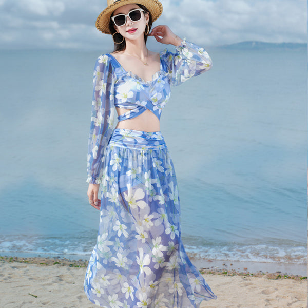 Sunny Women Lovely Big Floral Printed Cross Front Long Sleeve Side Open Leg Two in One Piece Swimsuit
