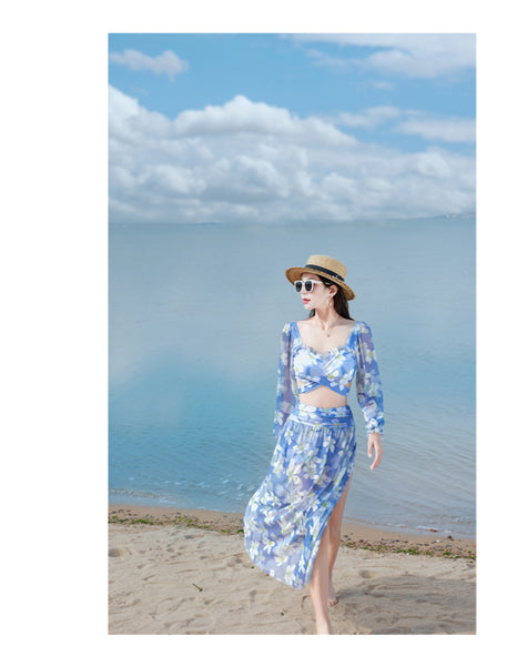 Sunny Women Lovely Big Floral Printed Cross Front Long Sleeve Side Open Leg Two in One Piece Swimsuit