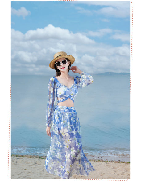 Sunny Women Lovely Big Floral Printed Cross Front Long Sleeve Side Open Leg Two in One Piece Swimsuit