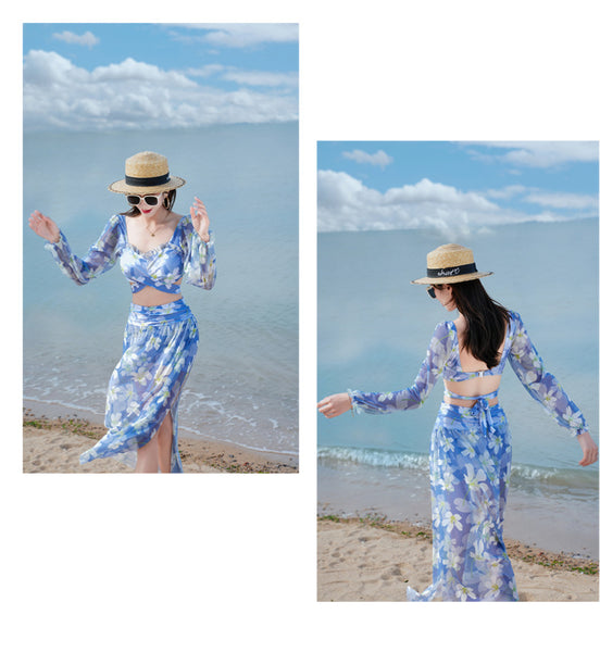 Sunny Women Lovely Big Floral Printed Cross Front Long Sleeve Side Open Leg Two in One Piece Swimsuit