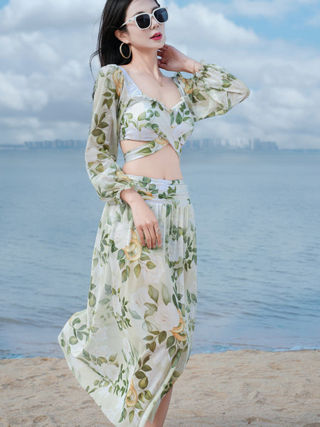 Sunny Women Lovely Big Floral Printed Cross Front Long Sleeve Side Open Leg Two in One Piece Swimsuit
