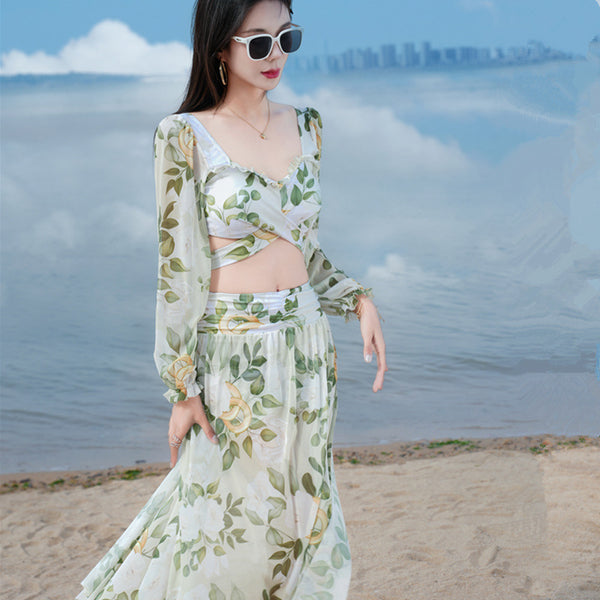 Sunny Women Lovely Big Floral Printed Cross Front Long Sleeve Side Open Leg Two in One Piece Swimsuit