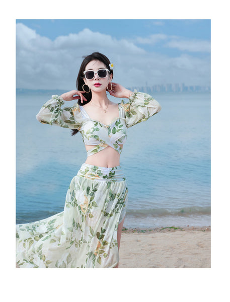 Sunny Women Lovely Big Floral Printed Cross Front Long Sleeve Side Open Leg Two in One Piece Swimsuit
