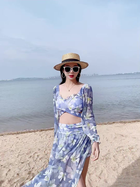 Sunny Women Lovely Big Floral Printed Cross Front Long Sleeve Side Open Leg Two in One Piece Swimsuit