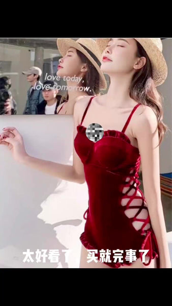 Retro Sexy One Piece Velvet Side Cutout Ruffle String Strap Sling Corset Triangle Beach Swimwear Swimsuit
