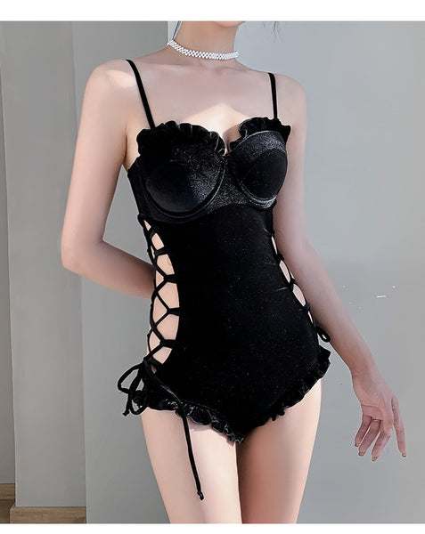 Retro Sexy One Piece Velvet Side Cutout Ruffle String Strap Sling Corset Triangle Beach Swimwear Swimsuit