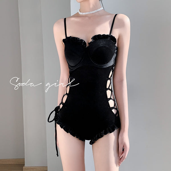 Retro Sexy One Piece Velvet Side Cutout Ruffle String Strap Sling Corset Triangle Beach Swimwear Swimsuit