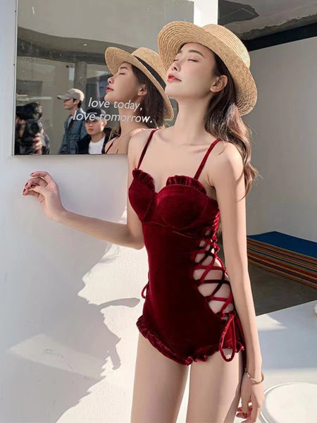 Retro Sexy One Piece Velvet Side Cutout Ruffle String Strap Sling Corset Triangle Beach Swimwear Swimsuit