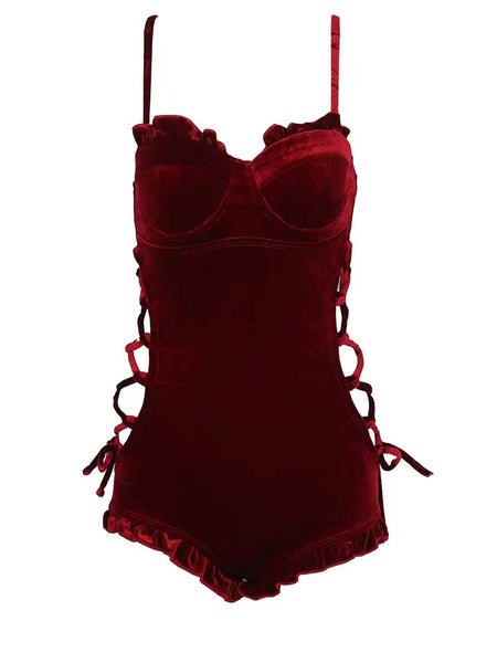 Retro Sexy One Piece Velvet Side Cutout Ruffle String Strap Sling Corset Triangle Beach Swimwear Swimsuit