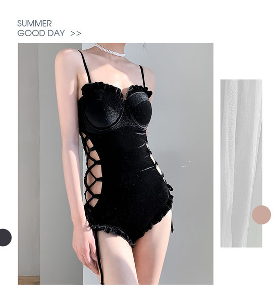 Retro Sexy One Piece Velvet Side Cutout Ruffle String Strap Sling Corset Triangle Beach Swimwear Swimsuit