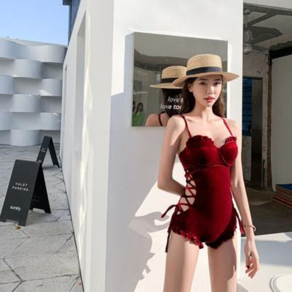 Retro Sexy One Piece Velvet Side Cutout Ruffle String Strap Sling Corset Triangle Beach Swimwear Swimsuit