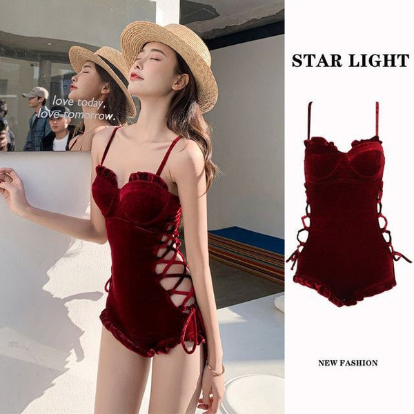 Retro Sexy One Piece Velvet Side Cutout Ruffle String Strap Sling Corset Triangle Beach Swimwear Swimsuit