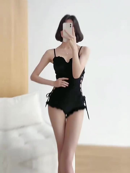 Retro Sexy One Piece Velvet Side Cutout Ruffle String Strap Sling Corset Triangle Beach Swimwear Swimsuit