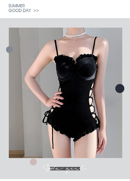 Retro Sexy One Piece Velvet Side Cutout Ruffle String Strap Sling Corset Triangle Beach Swimwear Swimsuit